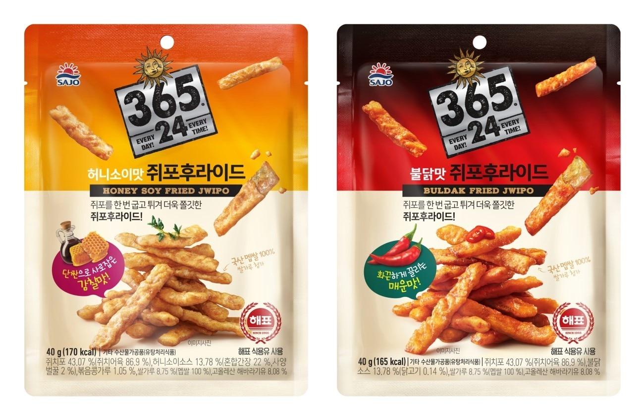 본문 이미지 - 쥐포후라이드 허니소이맛·불닭맛 제품 이미지.(사조대림 제공)