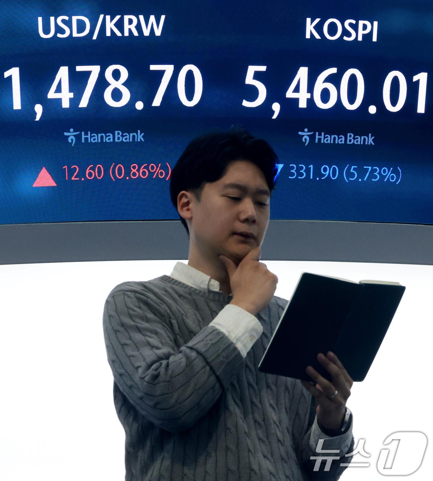 본문 이미지 - 미국과 이란 간의 무력 충돌로 경제시장 불안감이 지속되고 있는 4일 서울 중구 하나은행 본점 딜링룸 전광판에 코스피 지수가 나오고 있다. 2026.3.4 ⓒ 뉴스1 이호윤 기자