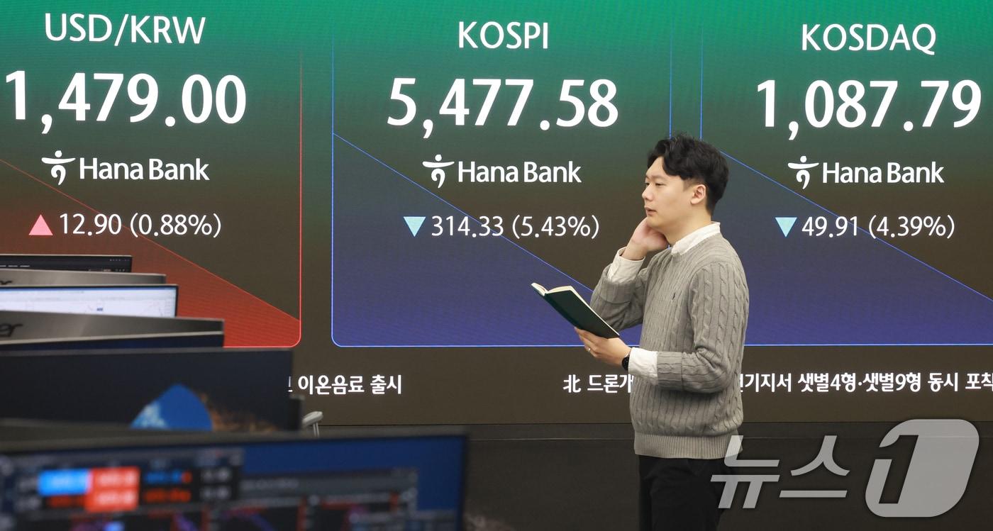 본문 이미지 - 미국과 이란 간의 무력 충돌로 경제시장 불안감이 지속되고 있는 4일 서울 중구 하나은행 본점 딜링룸 전광판에 코스피 지수가 나오고 있다. 2026.3.4 ⓒ 뉴스1 이호윤 기자