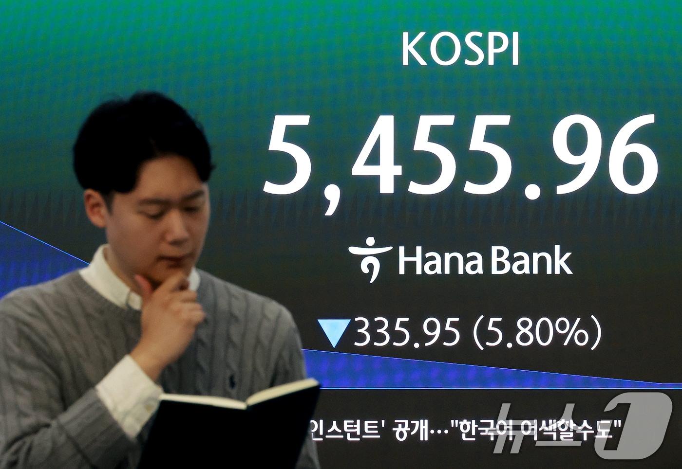 본문 이미지 - 미국과 이란 간의 무력 충돌로 경제시장 불안감이 지속되고 있는 4일 서울 중구 하나은행 본점 딜링룸 전광판에 코스피 지수가 나오고 있다. 2026.3.4 ⓒ 뉴스1 이호윤 기자