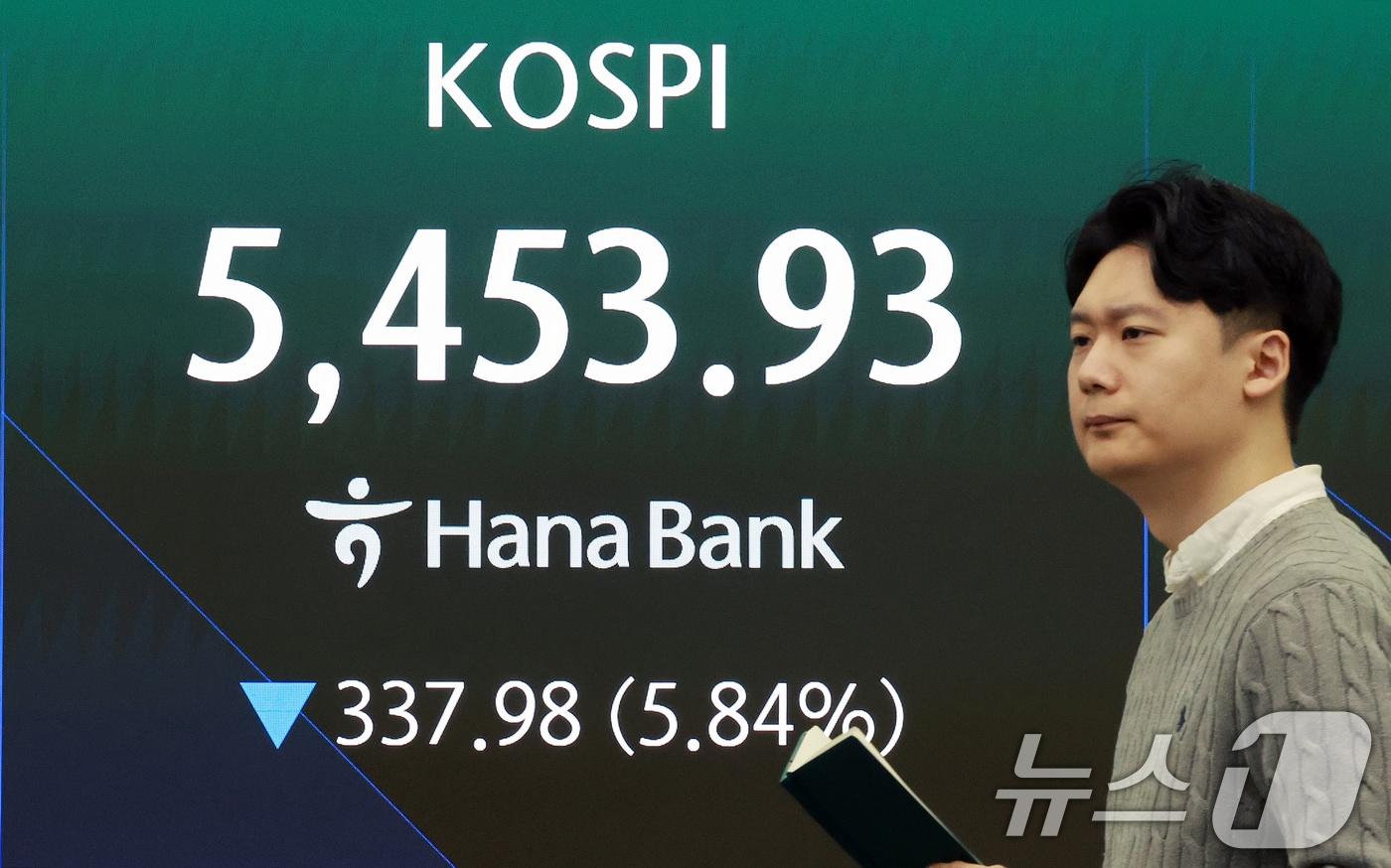 본문 이미지 - 미국과 이란 간의 무력 충돌로 경제시장 불안감이 지속되고 있는 4일 서울 중구 하나은행 본점 딜링룸 전광판에 코스피 지수가 나오고 있다. 2026.3.4 ⓒ 뉴스1 이호윤 기자