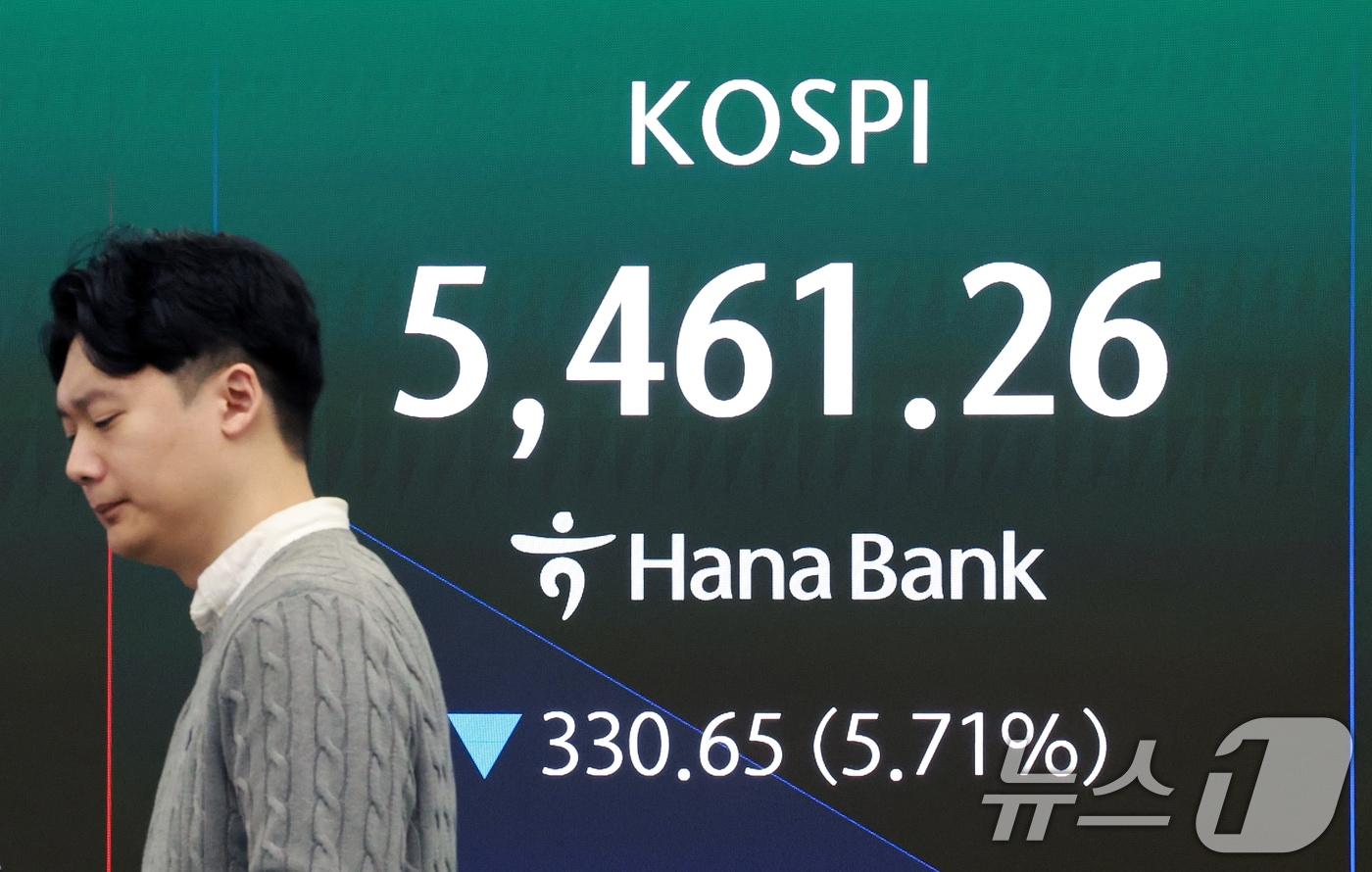 본문 이미지 - 4일 서울 중구 하나은행 본점 딜링룸 전광판에 코스피 지수가 나오고 있다. 2026.3.4 ⓒ 뉴스1 이호윤 기자