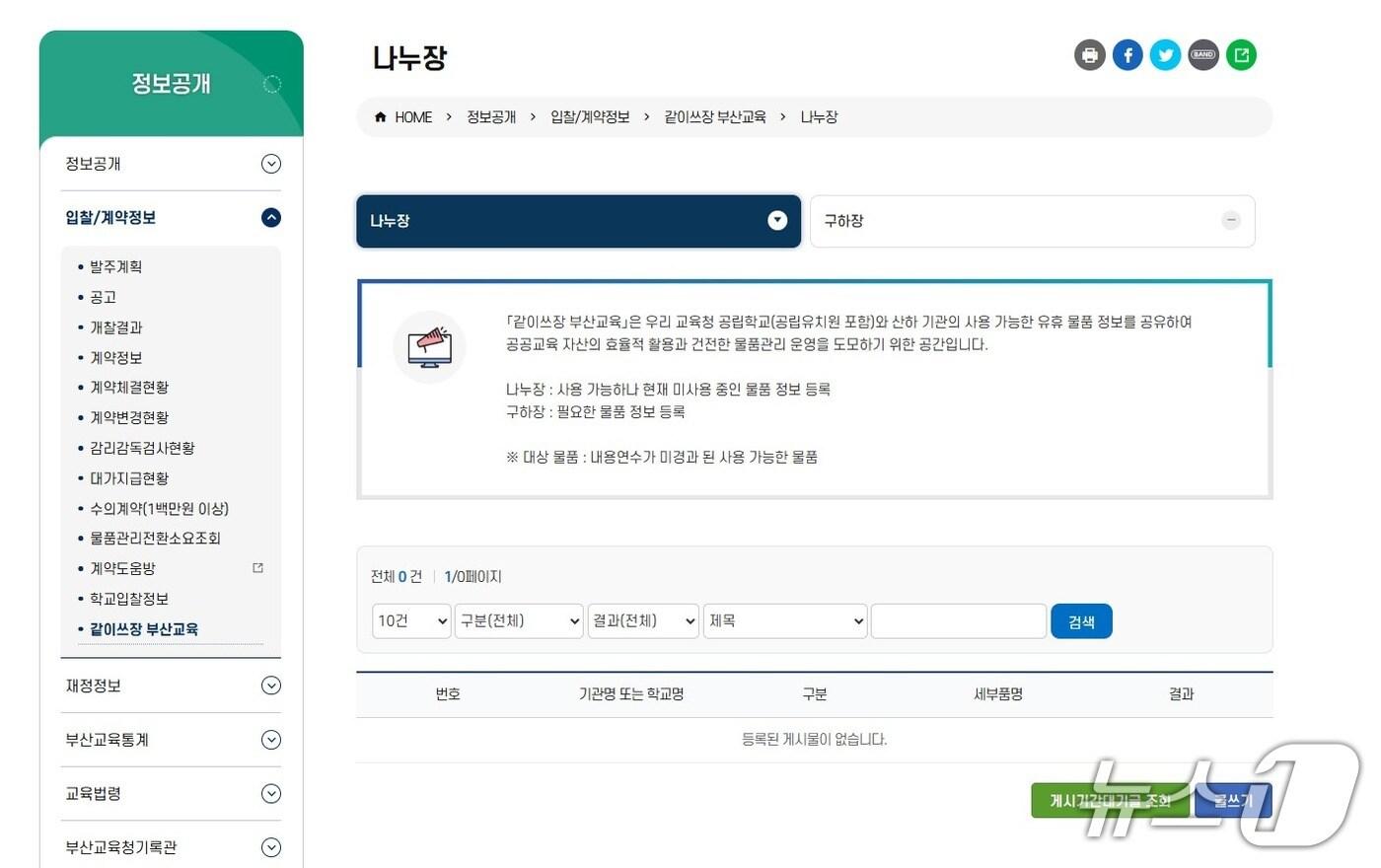 본문 이미지 - 교육청 홈페이지 '같이쓰장' 화면.(부산시교육청 제공. 재판매 및 DB금지)