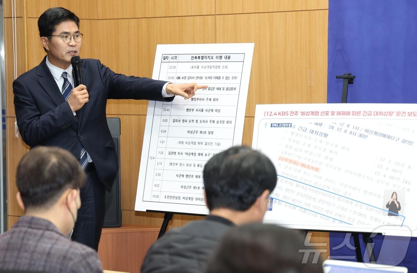 본문 이미지 - 이원택 더불어민주당 국회의원이 4일 전북 전주시 전북특별자치도의회에서 현안 관련 기자회견을 열고 비상계엄 선포 당시 전북도의 이행 내용과 관련 자료를 보이며 문제 제기를 하고 있다. 2026.3.4 ⓒ 뉴스1 유경석 기자