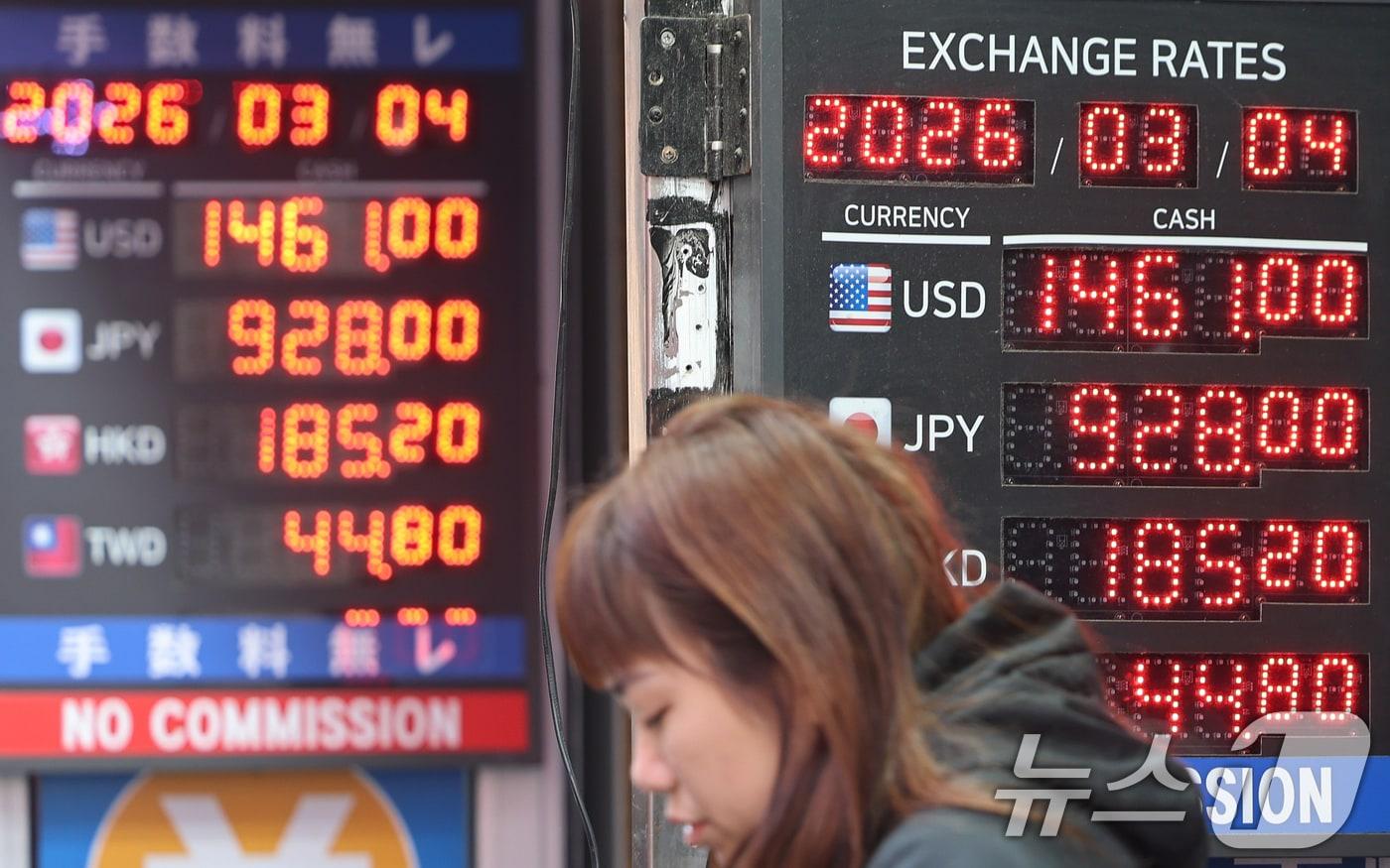 본문 이미지 - 이란 전쟁 여파로 원·달러 환율이 급등하는 등 금융시장이 요동친 4일 서울 중구 명동의 환전소 전광판에 환율 시세가 표시되고 있다. 2026.3.4 ⓒ 뉴스1 오대일 기자