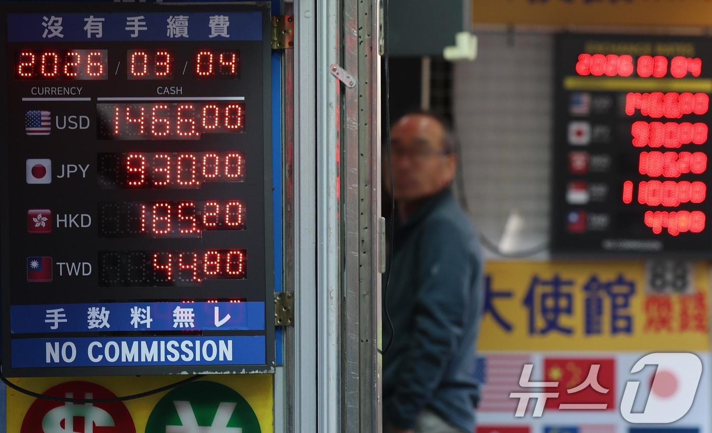 본문 이미지 - 이란 전쟁 여파로 원·달러 환율이 급등하는 등 금융시장이 요동친 4일 서울 중구 명동의 환전소 전광판에 환율 시세가 표시되고 있다. 원·달러 환율은 이날 새벽 야간 거래에서 1506.5원으로 장중 고점을 찍으며 2009년 3월 이후 약 17년 만에 처음으로 1500원을 돌파했다. 2026.3.4 ⓒ 뉴스1 오대일 기자