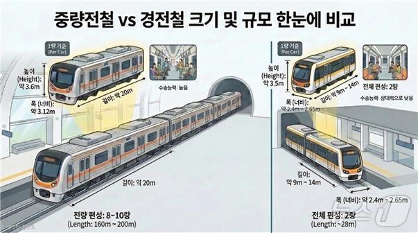 본문 이미지 - 중량전철과 경량전철 크기를 비교한 AI 생성 이미지.(광주 경실련 제공. 재판매 및 DB 금지) 