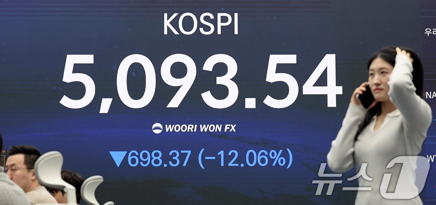 본문 이미지 - 코스피지수가 12% 넘게 폭락한 4일 오후 서울 중구 우리은행 본점 딜링룸 전광판에 코스피 종가가 표시되고 있다. 2026.3.4 ⓒ 뉴스1 박지혜 기자