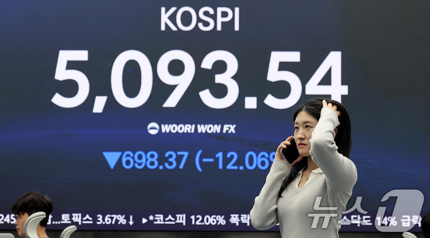 본문 이미지 - 코스피지수가 12% 넘게 폭락한 4일 오후 서울 중구 우리은행 본점 딜링룸 전광판에 코스피 종가가 표시되고 있다. 이날 코스피는 전 거래일(5791.91)보다 698.37포인트(12.06%) 하락한 5093.54에 마감했다. 코스닥은 전일 대비 14%(159.26P) 떨어진 978.44를 기록했다. 2026.3.4 ⓒ 뉴스1 박지혜 기자