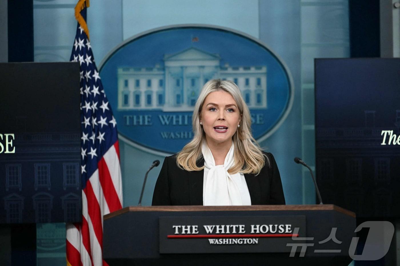 본문 이미지 - 캐롤라인 레빗 백악관 대변인이 4일(현지시간) 워싱턴DC 백악관에서 이란에 대한 미군의 군사작전 진행 상황을 브리핑하고 있다. 2026.03.04. ⓒ AFP=뉴스1
