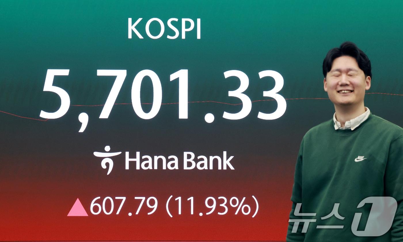 본문 이미지 - 5일 서울 중구 하나은행 딜링룸 전광판에 코스피 지수가 표시되고 있다. 이날 코스피는 장중 5700을 돌파했다. 2026.3.5 ⓒ 뉴스1 이호윤 기자