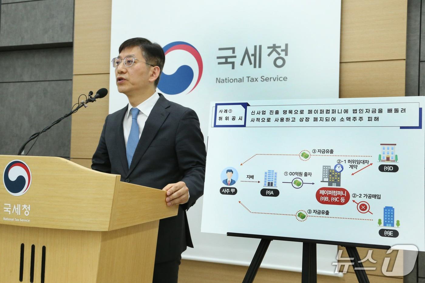 본문 이미지 - 안덕수 국세청 조사국장이 5일 정부세종청사에서 주식시장 불공정 탈세자 세무조사 결과를 발표하고 있다.(국세청 제공)