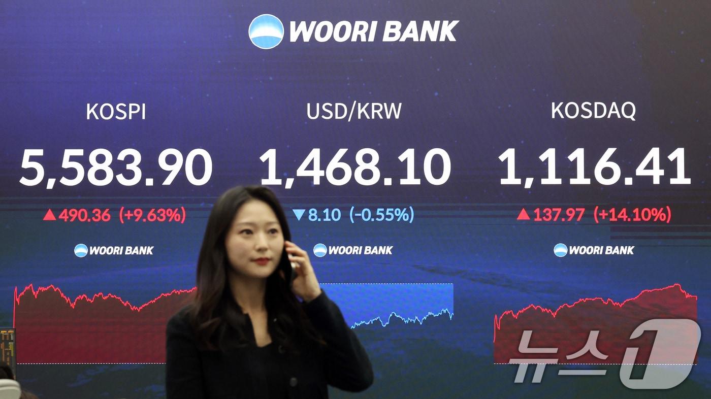 본문 이미지 - 최근 연이틀 폭락한 코스피가 급반등해 단숨에 5,580대를 회복한 5일 오후 서울 중구 우리은행 본점 딜링룸 전광판에 코스피 종가가 표시되고 있다. 이날 코스피는 전 거래일보다 490.36.포인트(9.36%) 오른 5583.90에 마감했다. 코스닥은 전일 대비 14.10%(137.97P) 상승한 1116.41을 기록했다. 2026.3.5 ⓒ 뉴스1 황기선 기자