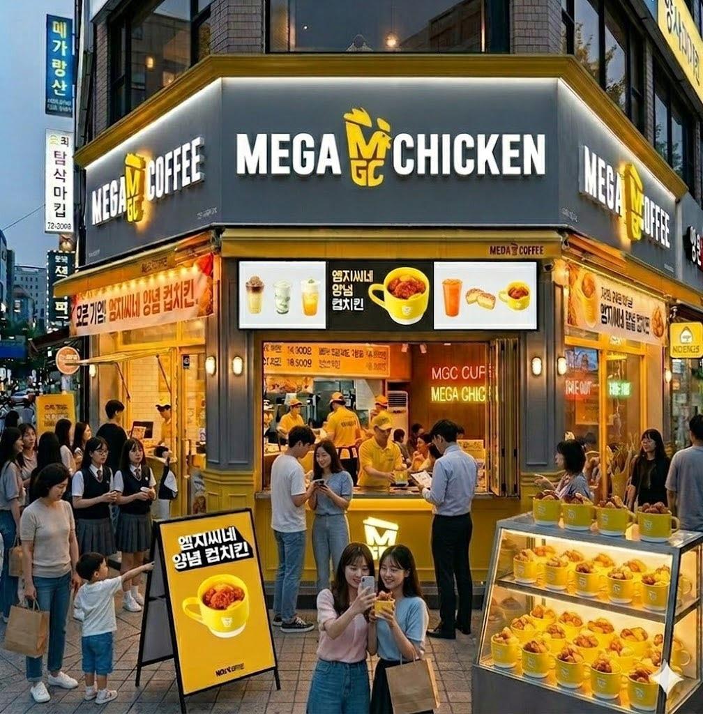 본문 이미지 - 메가MGC커피가 생성형 인공지능을 통해 제작한 메가커피 매장 사진.(메가MGC커피 제공)