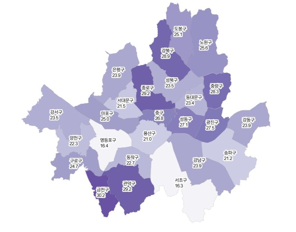 본문 이미지 - 서울시 자치구별 자살률(서울시정신건강통계 갈무리)