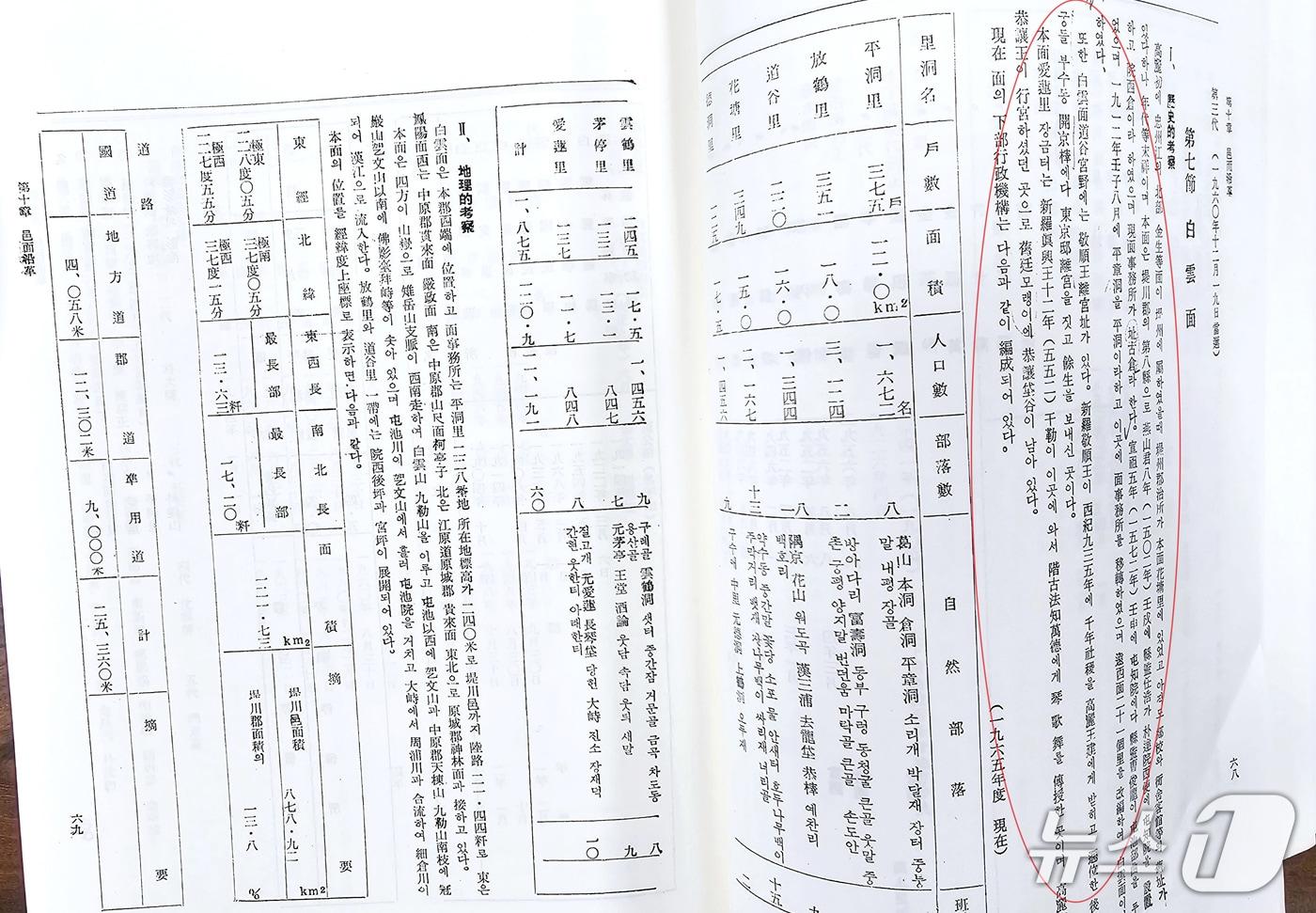 본문 이미지 -  충북 제천시 백운면 화당초등학교의 옛 관아 터 이야기를 기록해 놓은 제천군지 68페이지 백운면 역사적 고찰 부분.2026.3.9/뉴스1 손도언 기자