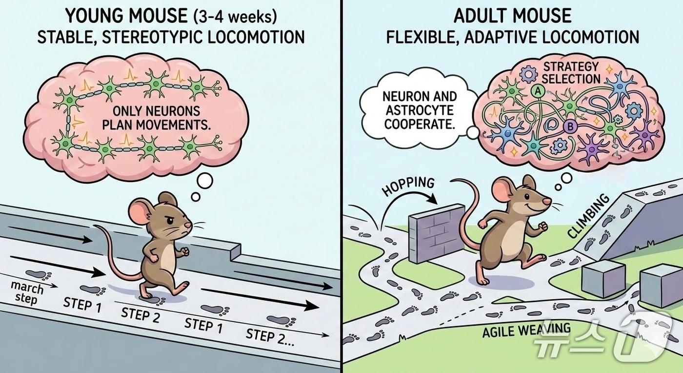 본문 이미지 - 성장에 따른 소뇌 회로 변화와 운동 협응 차이를 나타낸 그림(AI 생성 이미지·IBS 제공) /뉴스1