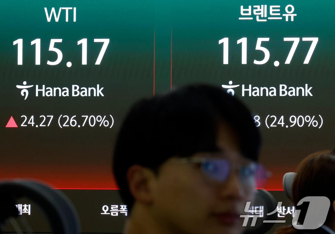 본문 이미지 - 중동상황에 따른 호르무즈 해협 봉쇄 등의 영향으로 서부텍사스산중질유(WTI) 선물이 한때 30% 폭등하는 등 국제 유가가 요동친 9일 서울시 중구 하나은행 딜링룸 전광판에 서부텍사스산중질유와 브렌트유 선물 가격이 표시되고 있다. 2026.3.9 ⓒ 뉴스1 박정호 기자