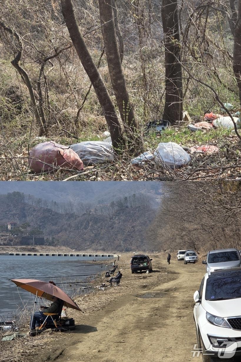 본문 이미지 - 옥천군 군북면 추소리 진입도로 야산에 버려진 생활쓰레기(위)와 군북면 지오리 대청호·서화천 합수지점을 찾은 낚시꾼. 2026.4.1/뉴스1 