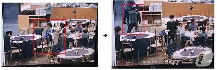 본문 이미지 - (좌)피의자가 피해자 뒤따라가 자리 옆좌석에 앉아 외투에서 현금을 절취하는 장면, (우) 현금을 절취하고 외투를 입고 자리를 이탈하는 장면. (자료. 서울 영등포경찰서 제공)