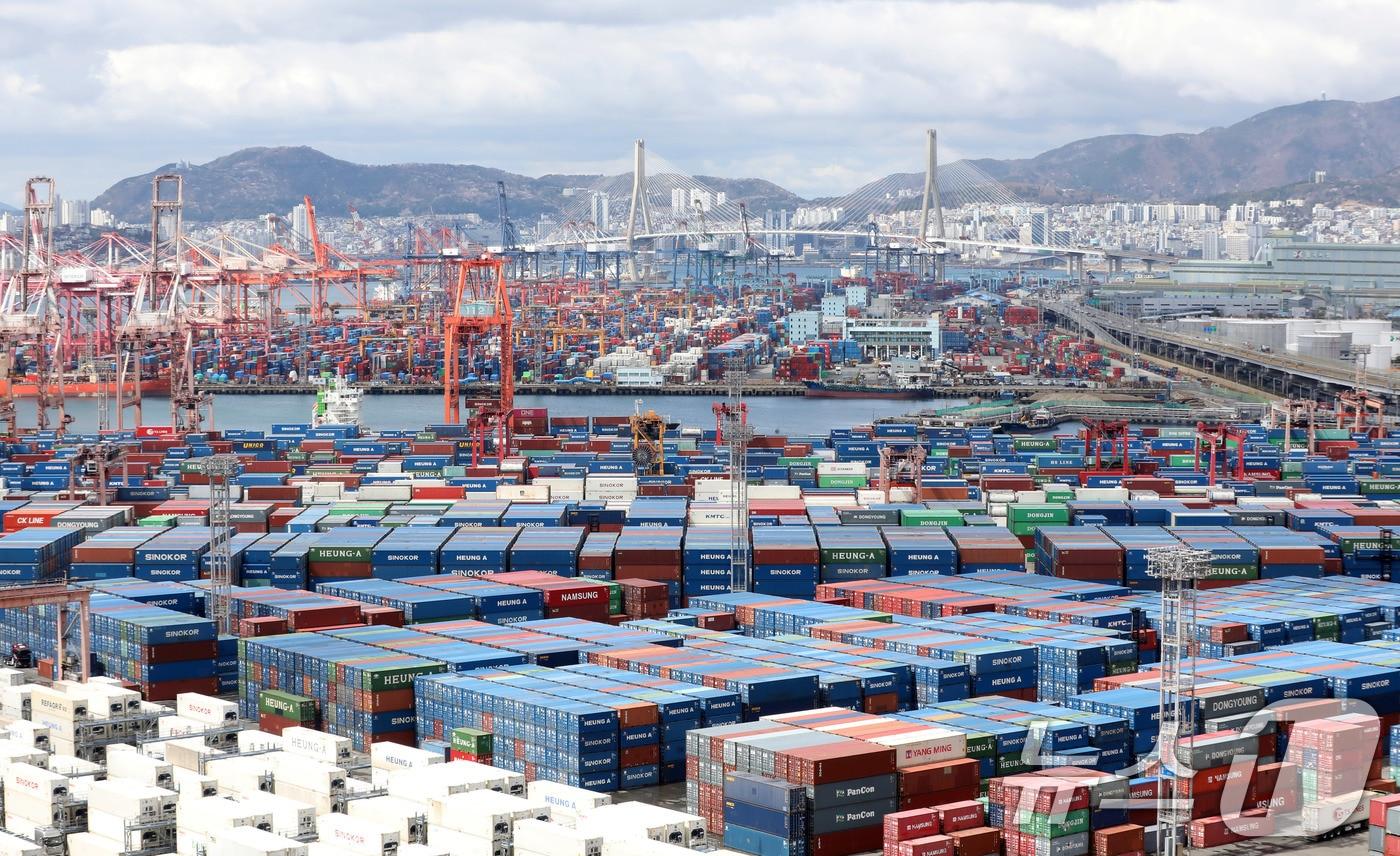 본문 이미지 - 부산항 신선대부두와 감만부두 야적장의 컨테이너 모습.  ⓒ 뉴스1 윤일지 기자