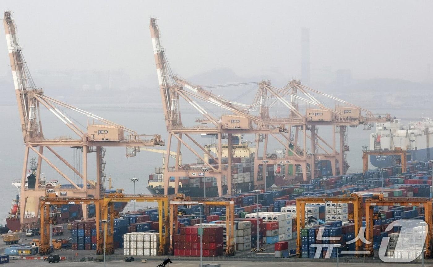 본문 이미지 - 경기 평택시 포승읍 평택항에 수출용 컨테이너가 쌓여있는 모습. 2026.2.22 ⓒ 뉴스1 오대일 기자