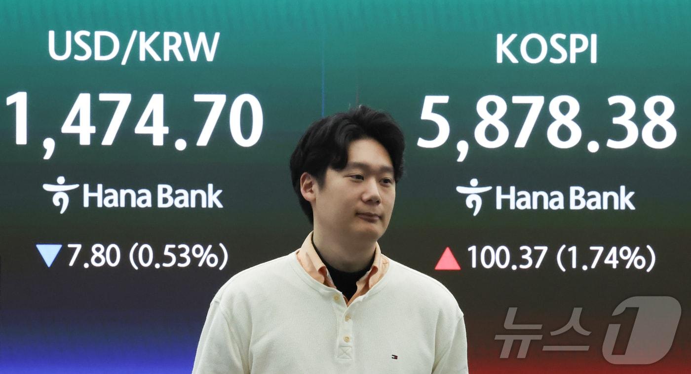본문 이미지 - 10일 서울 중구 하나은행 본점 딜링룸 전광판에 지수가 표시되고 있다. 이날 코스피는 전장 대비 98.11포인트(1.70%) 오른 5,876.12로 출발했고 원·달러 환율은 하락세를 나타내고 있다. 2026.4.10 ⓒ 뉴스1 이종수 인턴기자