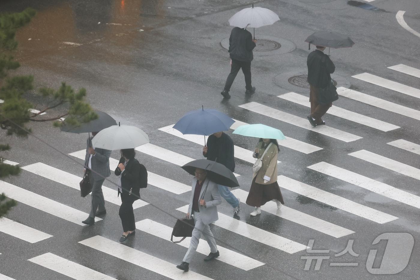 본문 이미지 - 서울 중구 을지로 일대에서 우산을 쓴 시민들이 횡단보도를 건너고 있다.ⓒ 뉴스1 이종수 인턴기자