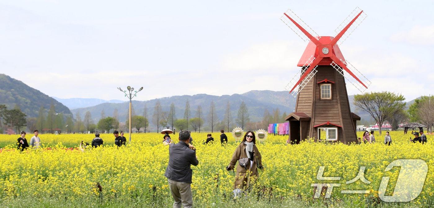 본문 이미지 - 포근한 봄 날씨를 보인 10일 경남 창녕군 남지읍 창녕낙동강유채단지에서 열린 '제21회 창녕 낙동강유채축제'를 찾은 상춘객이 봄기운을 봄기운을 만끽하고 있다. 제21회 창녕 낙동강유채축제는 오는 12일까지 진행된다. 2026.4.10 ⓒ 뉴스1 윤일지 기자