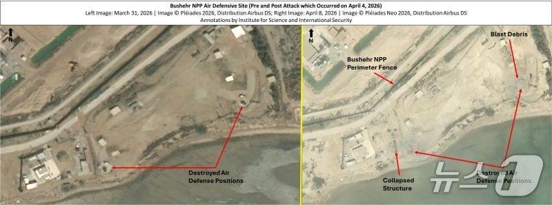 본문 이미지 - 이란의 부셰르 원전 인근 공습 흔적. (미국 국제과학안보연구소 제공)