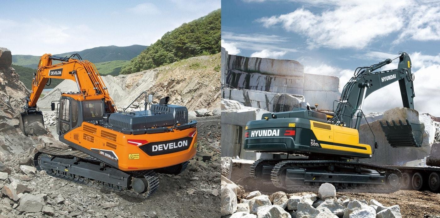 본문 이미지 - 사진 왼쪽부터 HD건설기계 '디벨론(DEVELON)'과 '현대(HYUNDAI)' 중대형 굴착기.(HD건설기계 제공)