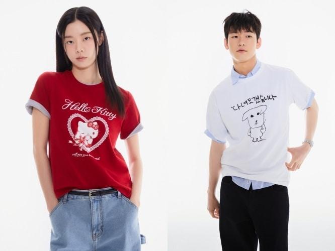 본문 이미지 - 스파오 산리오캐릭터즈 티셔츠(왼쪽)와 가나디 협업 티셔츠(이랜드월드 제공)