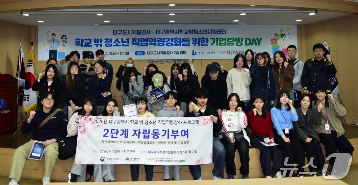 본문 이미지 - 대구도시개발공사 기업탐방에 참가한 학교 밖 청소년들이 파이팅을 외치고 있다.(대구도시개발공사 제공, 재판매 및 DB 금지)