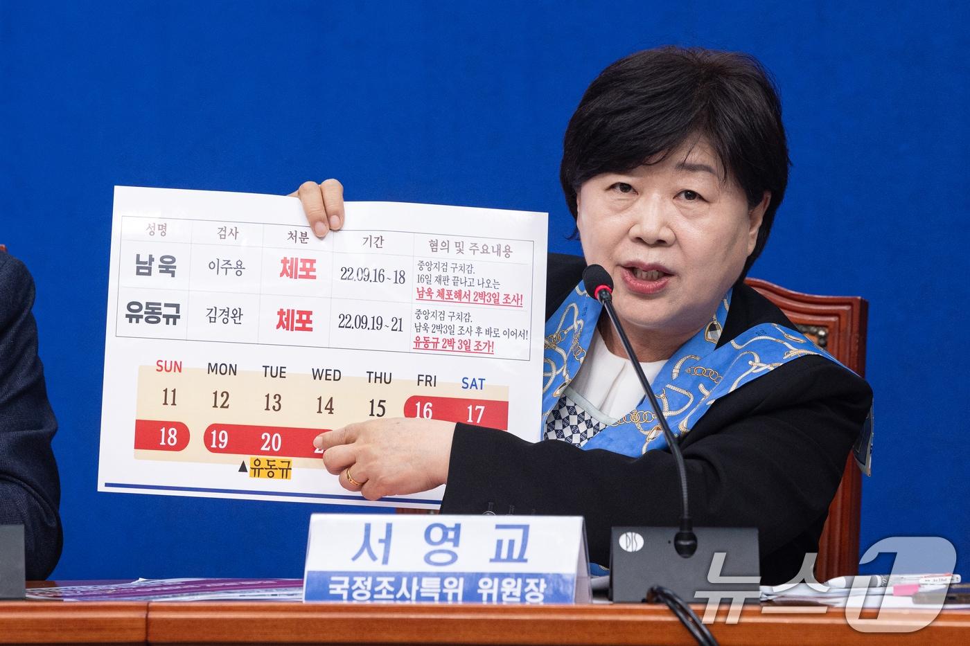 본문 이미지 - 서영교 윤석열 정권 정치검찰 조작기소 의혹 사건 진상규명 국정조사특별위원회 위원장이 13일 서울 여의도 국회에서 열린 중간 보고회에서 자료를 들어보이고 있다. 2026.4.13 ⓒ 뉴스1 이승배 기자