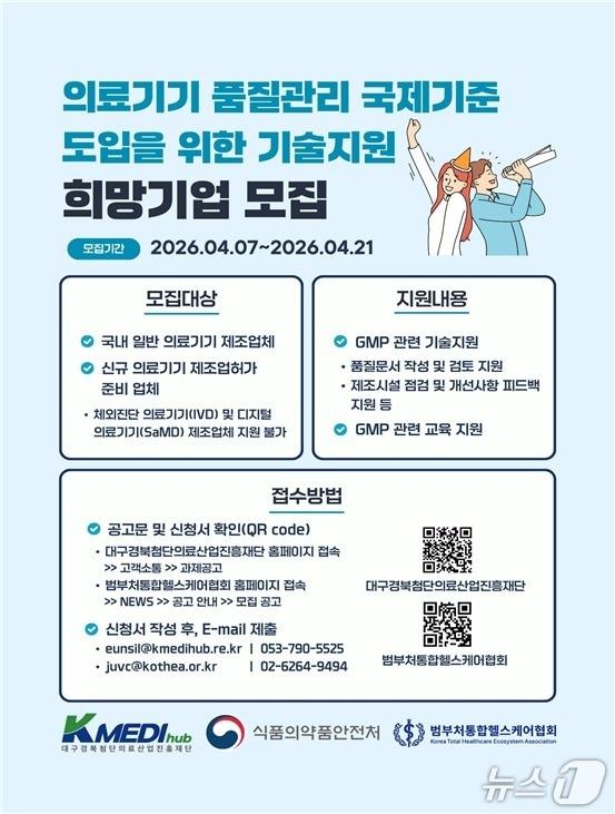 본문 이미지 - 식품의약품안전처는 '2026년 의료기기 품질관리 국제기준 도입을 위한 기술지원' 사업 참여 희망 업체를 모집한다고 13일 밝혔다.(식품의약품안전처 제공)