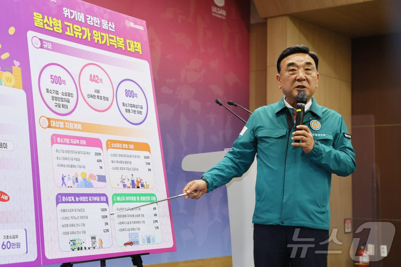 본문 이미지 - 김두겸 울산시장이 13일 시청 프레스센터에서 중동 정세 불안에 따른 고유가와 고물가 상황에 대응하기 위해  '울산형 고유가 위기극복 대책' 언론브리핑을 하고 있다. (울산시 제공. 재판매 및 DB금지) ⓒ 뉴스1 박정현 기자