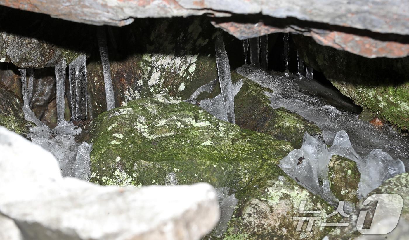본문 이미지 - 초여름 날씨를 보인 13일 경남 밀양 산내면 얼음골 결빙지에 얼음이 얼어붙어 있다. '밀양의 신비'로 불리는 천연기념물 224호 얼음골은 봄과 여름철에 걸쳐 바위틈에 얼음이 생기고 찬 바람이 나온다. 이날 밀양 낮 최고기온은 27.5도를 기록했다. 2026.4.13 ⓒ 뉴스1 윤일지 기자