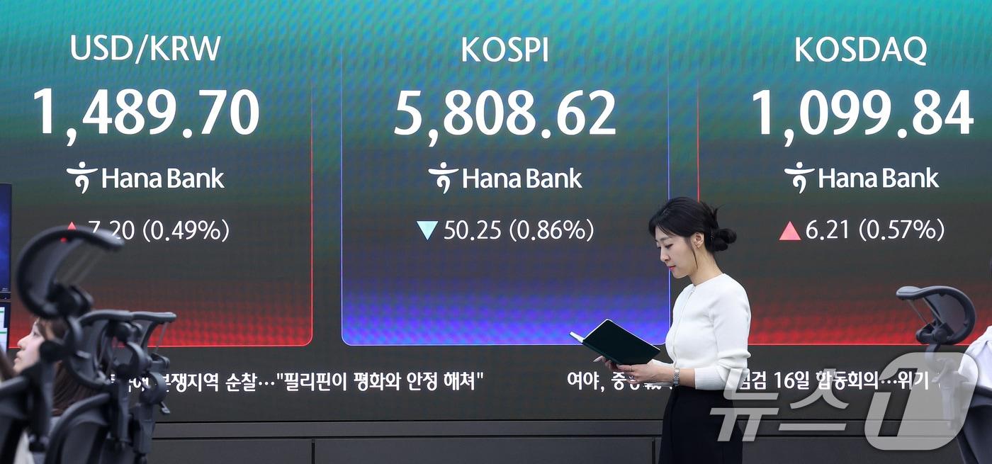 본문 이미지 - 13일 서울 중구 하나은행 본점 딜링룸에 종가가 나오고 있다. 2026.4.13 ⓒ 뉴스1 김성진 기자