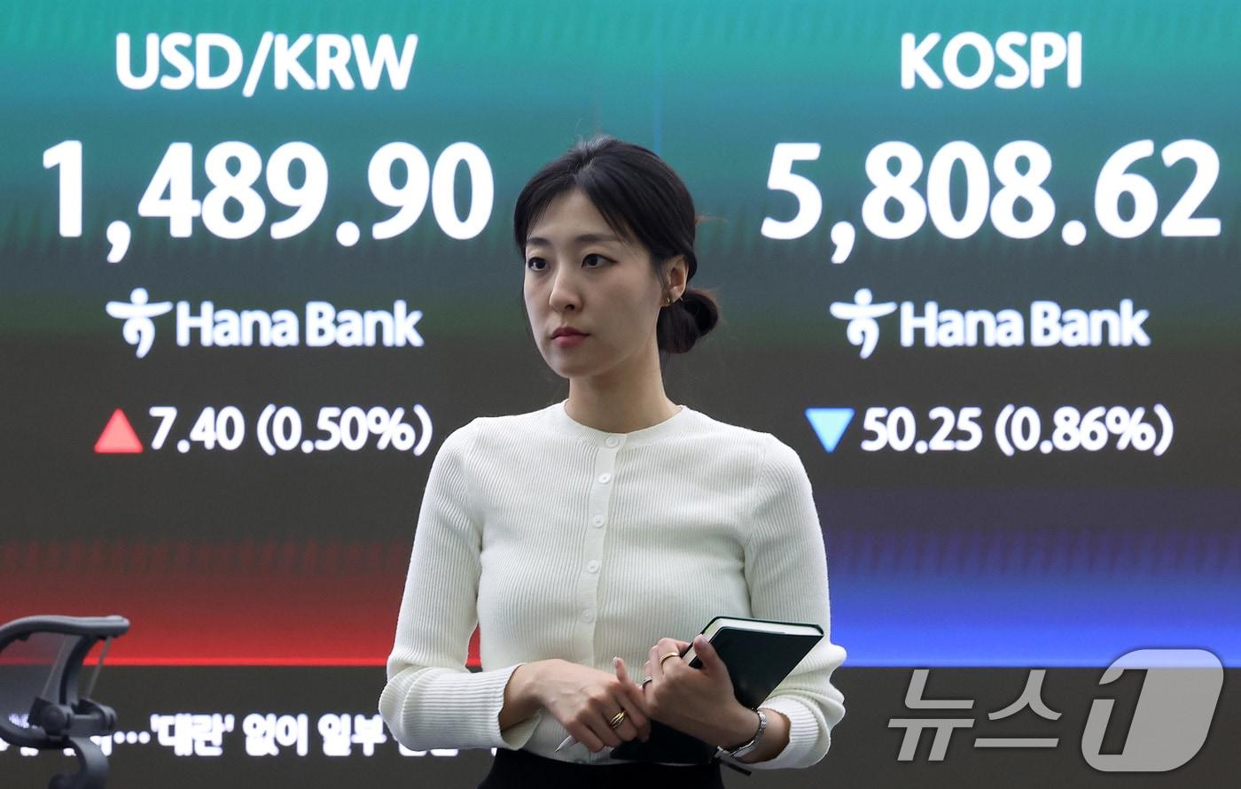 본문 이미지 - 13일 서울 중구 하나은행 본점 딜링룸에 종가가 나오고 있다. 2026.4.13 ⓒ 뉴스1 김성진 기자