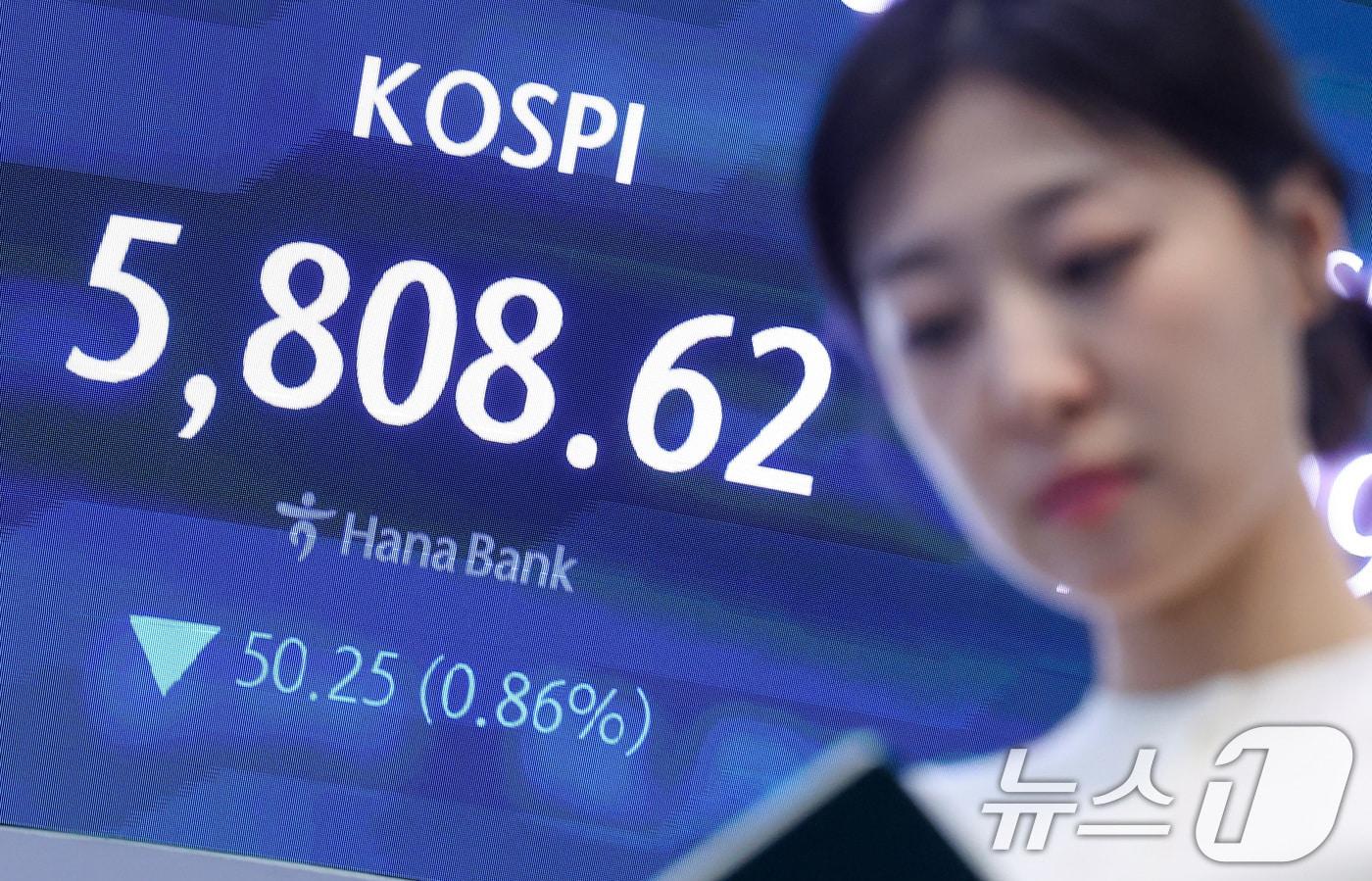 본문 이미지 - 13일 서울 중구 하나은행 본점 딜링룸에 종가가 나오고 있다. 이날 코스피는 전일 종가 대비 50.25포인트(0.86%) 하락한 5808.62로, 코스닥은 전일 대비 6.21포인트(0.57%) 상승한 1099.84로 마감했다. 서울외환시장에서 달러·원 환율은 전일 오후 3시 30분 주간종가 대비 6.8원 오른 1489.2원을 기록했다. 2026.4.13 ⓒ 뉴스1 김성진 기자