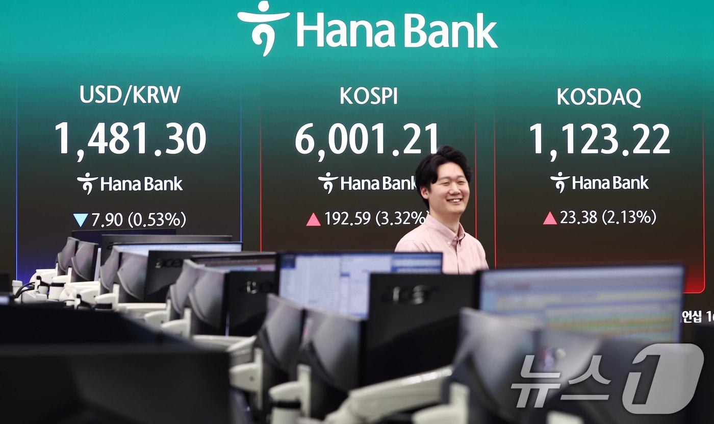 본문 이미지 - 코스피가 30거래일만에 장중 6000선을 재돌파한 14일 오전 서울 중구 하나은행 본점 딜링룸 전광판에 코스피 지수 등이 나오고 있다. 2026.4.14 ⓒ 뉴스1 김민지 기자