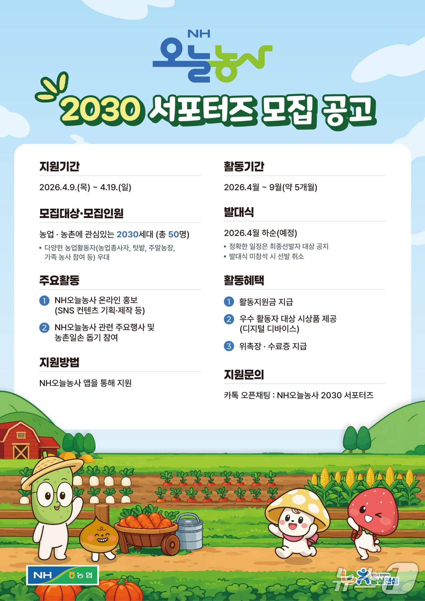 본문 이미지 - 농협중앙회는 스마트영농 플랫폼 ‘NH오늘농사’를 홍보하고, 청년층과의 소통 강화를 위해 ‘NH오늘농사 2030 서포터즈’를 모집한다. (농협 제공) ⓒ 뉴스1