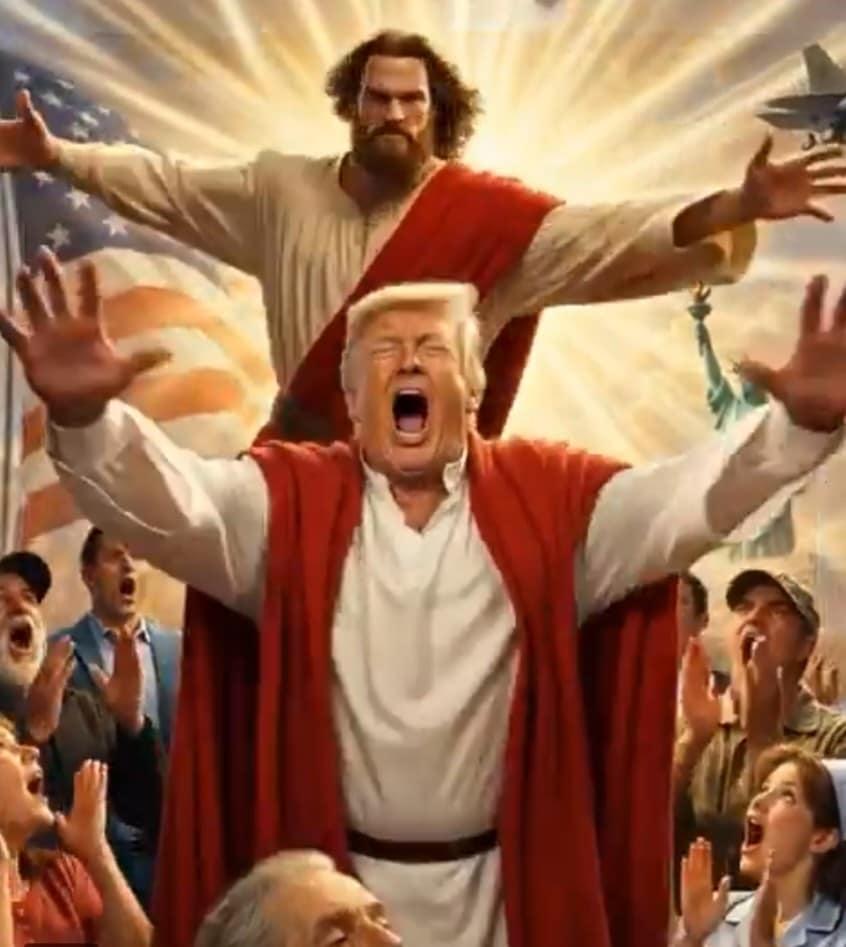 본문 이미지 - 엑스에 올라온 트럼프 예수행세 풍자물. 2026.04.14