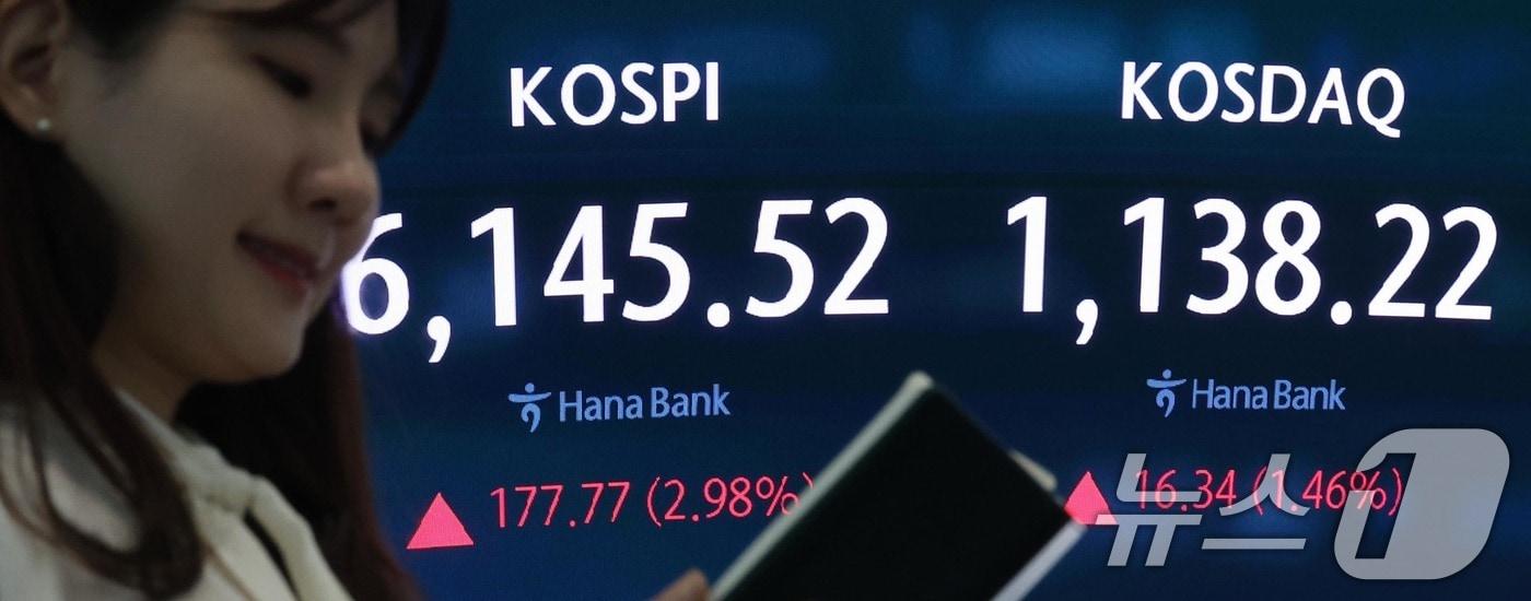 본문 이미지 - 15일 서울 중구 하나은행 딜링룸 전광판에 시황이 나오고 있다. 2026.4.15 ⓒ 뉴스1 조연우 인턴기자