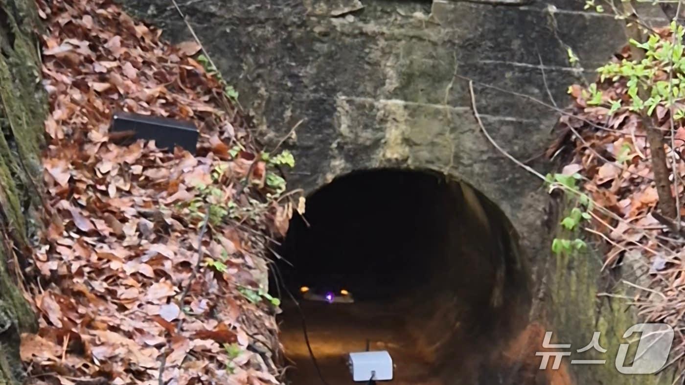 본문 이미지 - 초소형  드론 박석저수지 복통입구 진입 장면(농어촌공사 보은지사 제공. 재판매 및 DB금지)