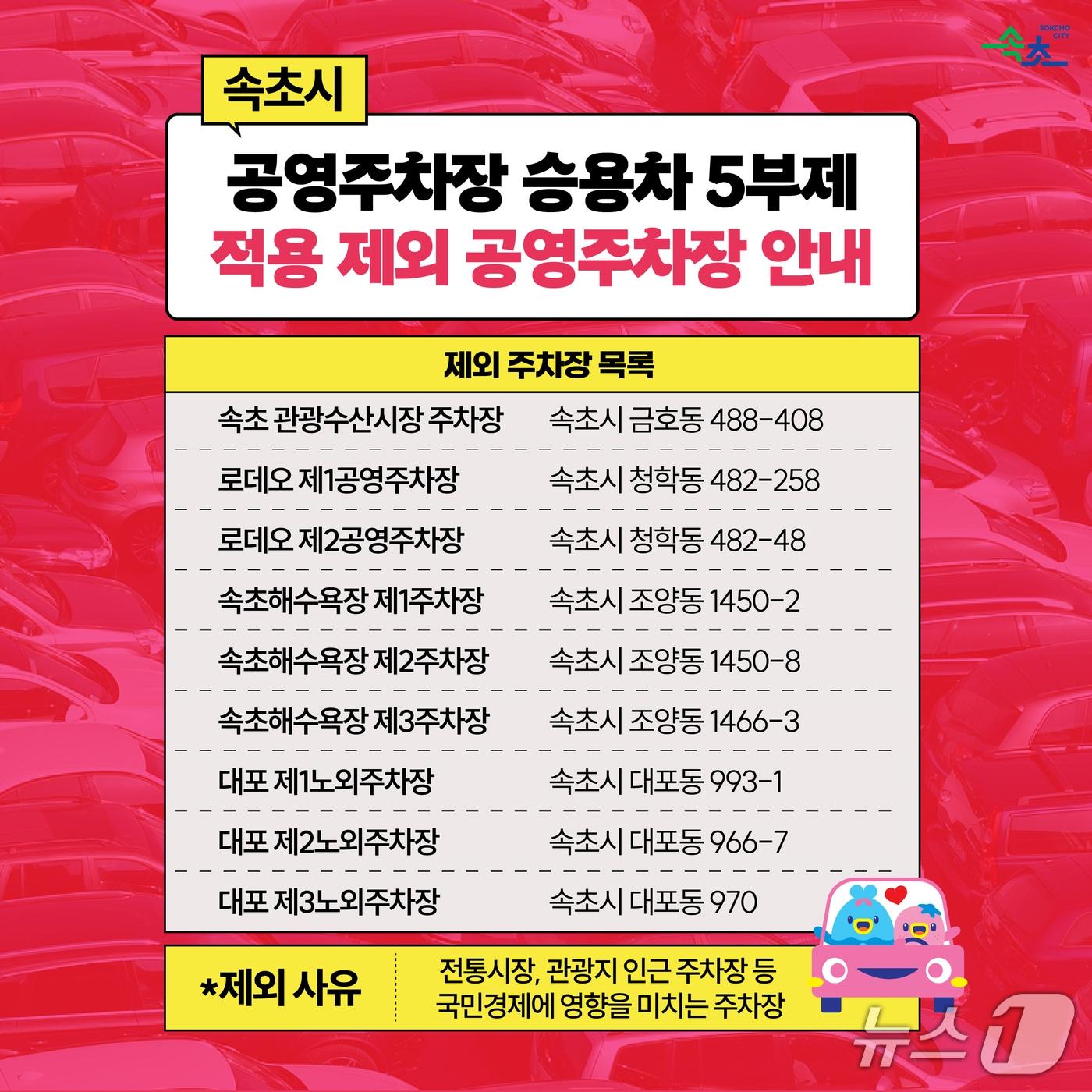 본문 이미지 - 속초시 공영주차장 5부제 적용 제외 주차장 안내문.(속초시 제공, 재판매 및 DB 금지) 2026.4.15/뉴스1