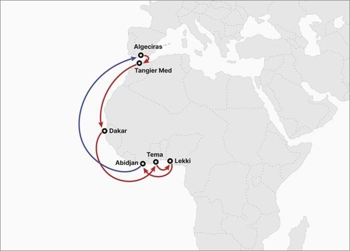 본문 이미지 - MA2(Mediterranean West Africa) 서비스. (HMM 제공)