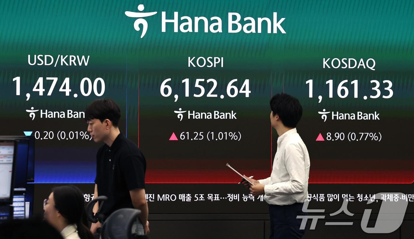 본문 이미지 - 16일 오전 서울 중구 하나은행 딜링룸 현황판에 개장 시황이 나타나고 있다. 이날 코스피는 미국과 이란의 종전 기대감에 전장 대비 0.95% 오른 6149.49에 장을 열었다. 2026.4.16 ⓒ 뉴스1 구윤성 기자