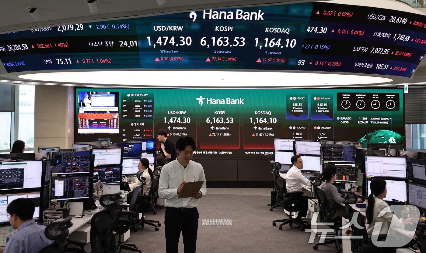 본문 이미지 - 16일 오전 서울 중구 하나은행 딜링룸 현황판에 개장 시황이 나타나고 있다. 이날 코스피는 미국과 이란의 종전 기대감에 전장 대비 0.95% 오른 6149.49에 장을 열었다. 2026.4.16 ⓒ 뉴스1 구윤성 기자