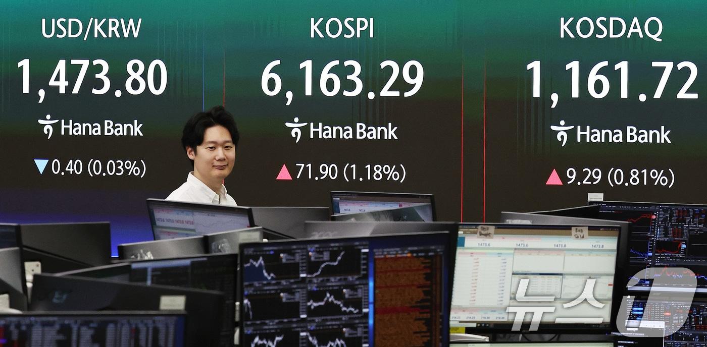 본문 이미지 - 16일 오전 서울 중구 하나은행 딜링룸 현황판에 개장 시황이 나타나고 있다. 이날 코스피는 미국과 이란의 종전 기대감에 전장 대비 0.95% 오른 6149.49에 장을 열었다. 2026.4.16 ⓒ 뉴스1 구윤성 기자